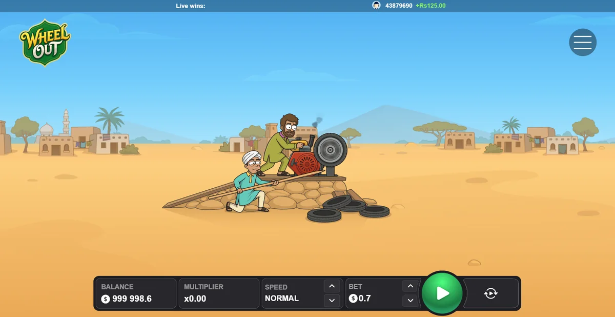 Interface de Wheel Out : solde, multiplicateur, vitesse, mise et bouton de lancement